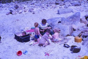 Picnic with June Stewart, Robin, Adam and me (leopard skin strides!)